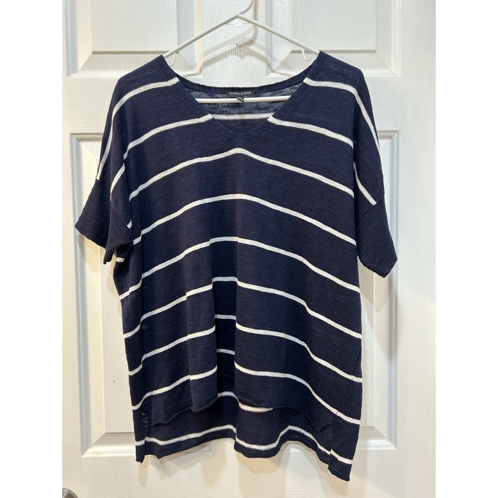Eileen Fisher Navy Striped Organic Linen Cotton Top Sz L Petite Boxy Nautical